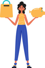 The girlfriend holds a hoggish depository fiscal trip and a denounce basket in his hand. Trendy style, Vector Illustration