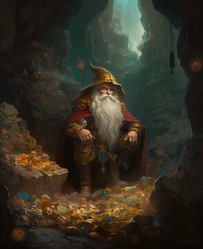 Fafnir as a dwarf, surrounded by heaps of gold and precious gemstones in a mountain cave.