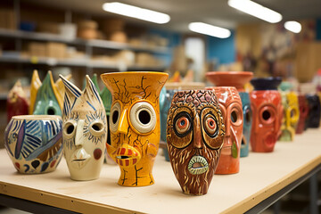 various ceramic pieces created by students in a ceramics class, arranged in a visually pleasing and thought-provoking composition, celebrating the creativity and craftsmanship fost Generative AI