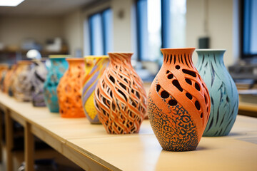 creations of students from a ceramics class, showcasing the range of techniques, styles, and forms explored during the course, inspiring viewers with the possibilities of clay as a Generative AI