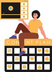 Naklejka na ściany i meble The guy sits on the content plan and holds a window with a video . message planning typography. Trendy style, Vector Illustration