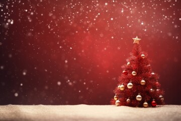 Fototapeta na wymiar Christmas Splendor Xmas Tree and Bokeh Lights on Red Canvas Background AI Generated
