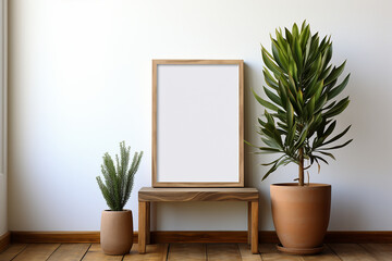 Blank picture frame mockup. White living room design. generative AI