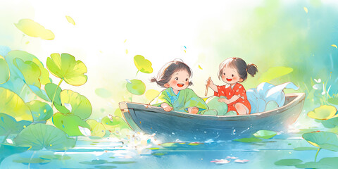 Obraz na płótnie Canvas Little boy and girl is sitting in a small boat, rowing in the lake with many lotus leaves on it. Concept of hot summer. Created with Generative AI technology. 