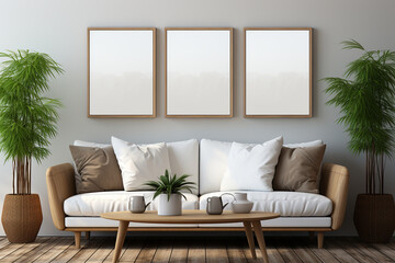 Blank picture frame mockup. White living room design. generative AI