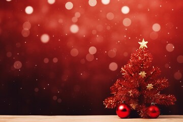 Christmas Splendor Xmas Tree and Bokeh Lights on Red Canvas Background AI Generated