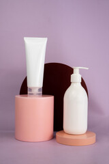 Cosmetic tube bottle on podium. Beauty product display mockup