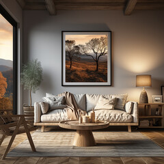 Blank picture frame mockup. White living room design. generative AI
