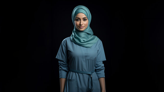 Moderne Muslimische &Auml;rztin mit Kopfbedeckung Hajib Portr&auml;t Nahaufnahme Oberk&ouml;rper mit h&uuml;bschem Gesicht, ai generativ