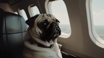 A pug dog looking out the airplane window flying first class on the plane. Generative Ai technology.