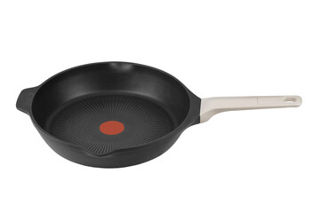 Modern empty cast frying pan with ceramic non-stick coating isolated on white background. Сookware...