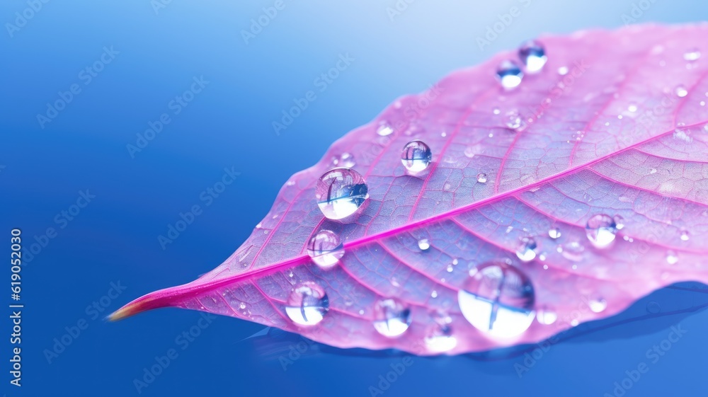 Poster the close-up of transparent skeleton leaf with water drops on beautiful texture in a blue and pink b