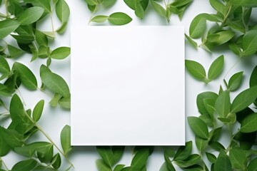 Natural Elegance Green Leaves and White Square Frame Creative Layout for Advertising Card or Invitation AI Generated