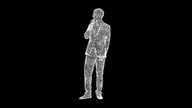 3D figure of a businessman thinks rotates on black bg. The man propped up his chin. A business man reflects. Business concept. For title, text, presentation. 3d animation 60 FPS