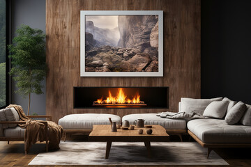 Mock up poster in modern home interior with fireplace, Scandinavian style, generative AI