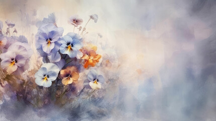 Obraz na płótnie Canvas watercolor drawing pansies background, space for text, generative ai
