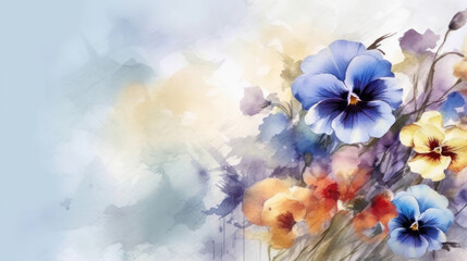 Fototapeta na wymiar watercolor drawing pansies background, space for text, generative ai