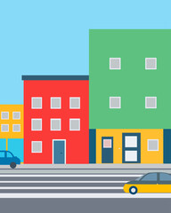 
simple color vector illustration depicting a city street with traffic, for prints on banners, signs and stage decoration