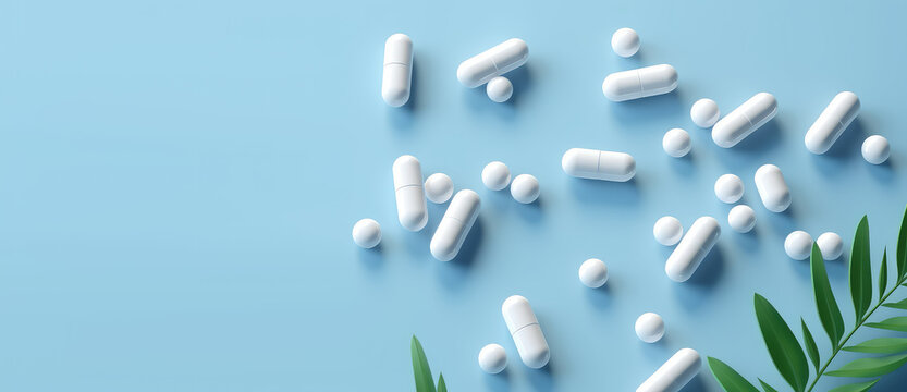 White capsules with green leaves isolated on light blue flat background with copy space, banner template. Creative concept of natural dietary supplements, ecological vitamins. Generative AI.