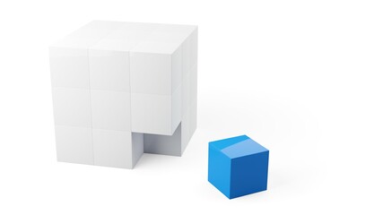 Block of white cubes with one blue cube standing out over white background, individuality, outstanding or difference business concept
