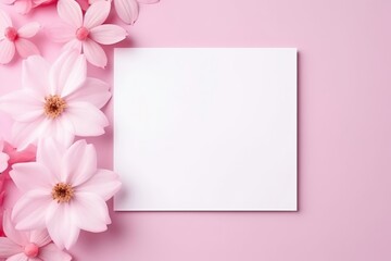 Naklejka na ściany i meble Blooms Pink Flower and White Square Frame Creative Layout for Advertising Card or Invitation AI Generated