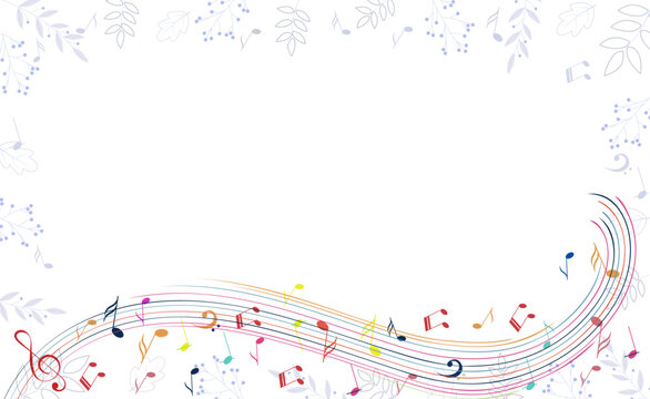 Music Design. Musical wave and scattered notes on a background with leaves. For concerts, music, presentations, certificates.