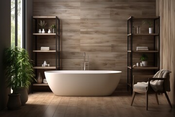 Fototapeta na wymiar Bathroom with white bathtub. Generative AI