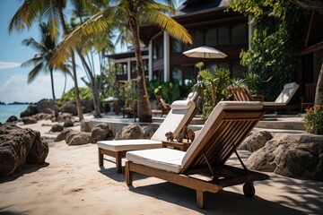 Empty lounge chairs with umbrellas. Generative AI