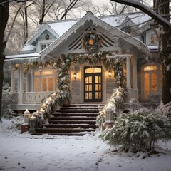 Facade of the wooden house are decorated for Christmas. Generative AI