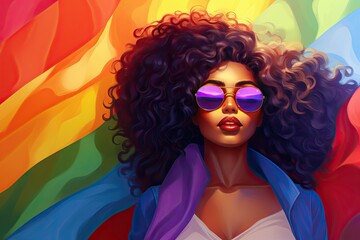 Black woman wearing sunglasses on LGBTQ flag background for Pride Month