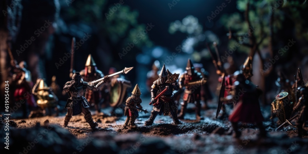 Poster a group of figurines of knights in a forest. generative ai image.