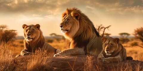 A couple of lions laying on top of a rock. Generative AI image.