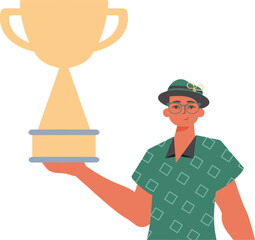 The girlfriend holds the achiever 's cup in his handwrite. Trendy style, Vector Illustration