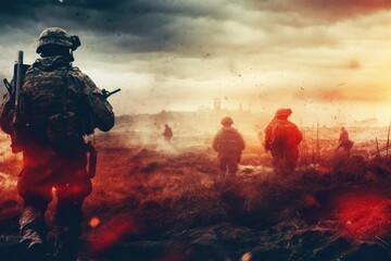 Fototapeta premium Soldiers and explosions on the battlefield, Generative AI