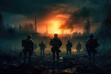 Naklejka na ściany i meble Soldiers and explosions on the battlefield, Generative AI