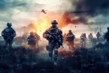 Soldiers and explosions on the battlefield, Generative AI