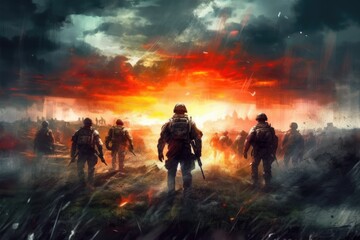 Obraz na płótnie Canvas Soldiers and explosions on the battlefield, Generative AI