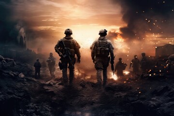 Soldiers and explosions on the battlefield, Generative AI