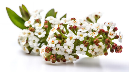 Close-up image of Lobularia maritima flower (Alyssum maritimum, or sweet alyssum) isolated on white background. Selective focus.