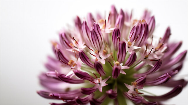 A closeup of a flower of wild garlic or allium isolated on a white background. Selective focus.