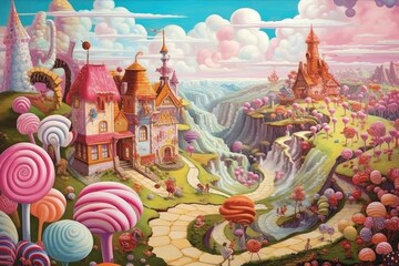 A fairytale candy castle town, Generative AI