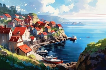 Fototapeta premium illustration of small coastal village in the Italian , european , Generative AI