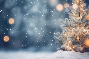 Fototapeta na wymiar Christmas winter background with snow blurred bokeh Merry happy new year greeting card with copy space AI Generated