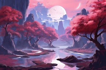 Illustration of fantasy art, fantasy world and castle , Generative AI