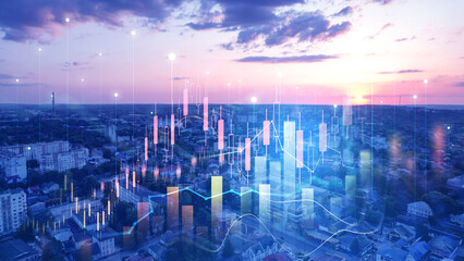 Big data chart on city backdrop. Analysis finance graph and market chart investment. Trade...
