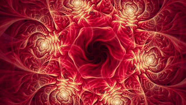 Intricate mandala swirl of evolving sacred abstract lotus petal shapes, seamless looping slow moving spiritual journey kaleidoscope fractal background.