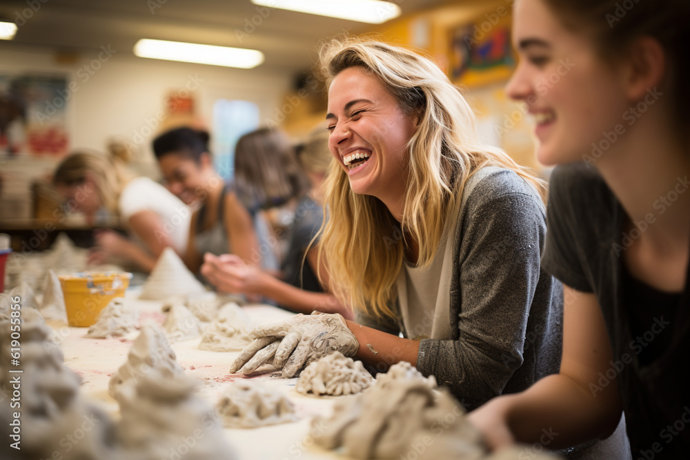 Wall mural the joy and camaraderie shared among students in a ceramics class, featuring snippets of their laughter, conversations, and the collaborative nature of the creative process, reflec Generative AI