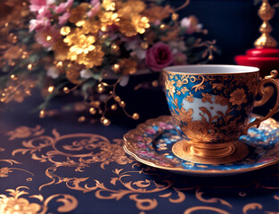 Fototapeta premium tea coffee cup with hot tea , over victorian atmosphere, bohemian mood, photo style selective focus.