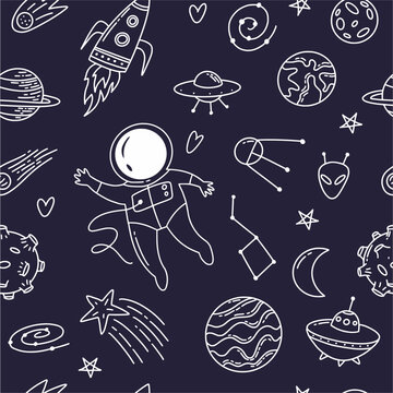 Vector pattern from a collection of space objects and symbols drawn by hand in the style of doodles