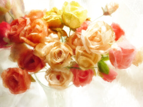 陽光に照らされた薔薇の花束　水彩画のような柔らかい筆致のイラスト